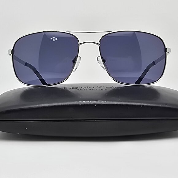 Calvin Klein R163S 045 Silver Frame Dark Blue Lens Aviator Sunglasses w/ Case - Picture 1 of 16